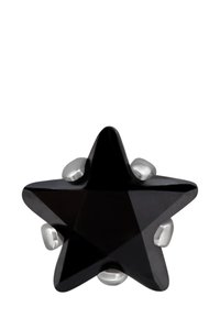 Zwart stervormig accessoire met facettenontwerp, featuring zilveren hardware accenten. Gladde oppervlakken en spitse punten benadrukken de geometrie.
