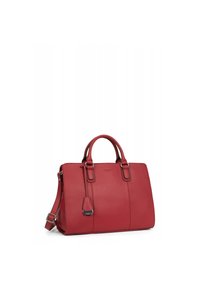 Borsa a mano in pelle rossa con doppio manico e tracolla staccabile. Texture liscia, forma rettangolare con cuciture a contrasto e dettagli in metallo.