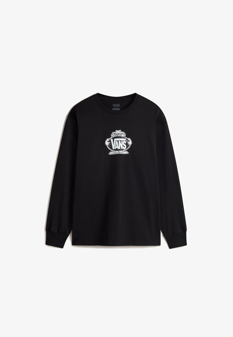Black long-sleeve T-shirt made of cotton, featuring a white graphic logo on the chest. Crew neckline and fitted cuffs. Casual design.