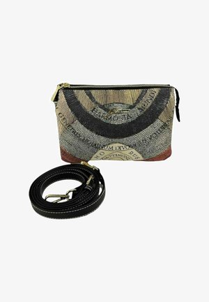 Woven fabric crossbody bag with a multicolored design, featuring a zipper closure and a detachable black leather strap with white stitching.