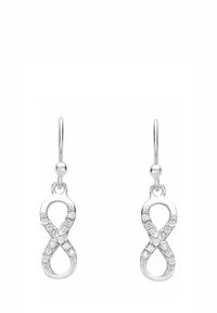 Pendientes de plata en forma de símbolo de infinito, con un acabado pulido y piedras transparentes incrustadas para un toque adicional de brillo.
