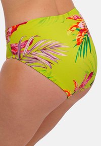 Bikini spodky s vysokým pasem v jasně limetkově zelené barvě, s tropickými květinovými vzory v růžové, oranžové a zelené. Hladká, elastická látka.