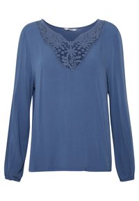Blaues Longsleeve-Oberteil mit einer Spitzenoptik am Ausschnitt, aus einem weichen Stoff mit leichter Drapierung und gerafften Ärmeln.