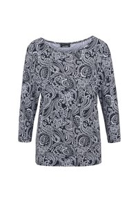 Schwarz-weiße Langarmbluse mit Paisley-Muster, Rundhalsausschnitt, weichem Stoff und lässiger Passform.