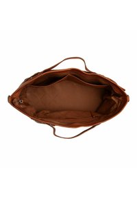 Bolsa tote de cuero marrón con dos asas superiores, un interior espacioso con detalles acolchados y múltiples compartimentos para una mejor organización.
