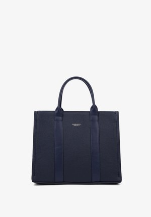 Marineblaues, genarbtes Leder-Tote mit glatten Griffen und vertikalen Akzenten, versehen mit einem dezenten Markenlogo auf der Vorderseite.