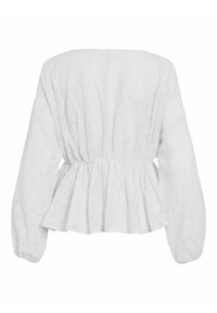 Biała bluzka z baskinką, długimi bufkami, teksturowanym kwiatowym wzorem i elastycznym pasem w talii. Gładka tkanina o luźnym kroju.