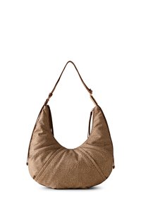 Brown textured hobo bag with a curved shape, featuring a single shoulder strap and subtle pleating detail for visual interest.