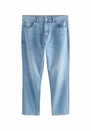 Svetlo modré riflové nohavice s klasickým dizajnom piatich vreciek, rovnými nohavicami a jemným vyblednutím. Obsahujú zapínanie na gombík a pútka na opasok.