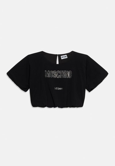 Μαύρο cropped T-shirt με κοντά μανίκια και κείμενο μπροστά «MOSCHINO» και «Milano» από στρας.