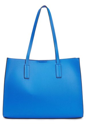 Sac cabas en cuir bleu vif avec deux longues poignées et une texture lisse, présenté sur fond blanc.