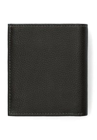 Czarny skórzany portfel o chropowatej fakturze, dwustronny design, widoczne akcenty szwów, kompaktowy prostokątny kształt. Brak widocznych elementów metalowych.