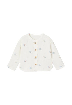 White long-sleeve baby cardigan with wooden buttons and small blue, yellow, and red fish pattern scattered on fabric.
