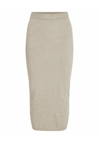 Falda gris claro, hasta la rodilla, en una tela suave y elástica con una silueta ajustada y una cinturilla elástica. Diseño minimalista, sin patrones ni acentos.