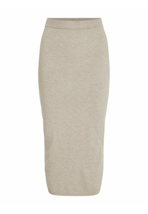 Falda gris claro, hasta la rodilla, en una tela suave y elástica con una silueta ajustada y una cinturilla elástica. Diseño minimalista, sin patrones ni acentos.