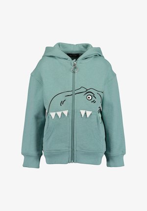 Felpa con cappuccio per bambini color turchese chiaro con cerniera, decorata con un volto di dinosauro e denti tridimensionali in tessuto bianco sulle tasche frontali, con un cursore a forma di anello.