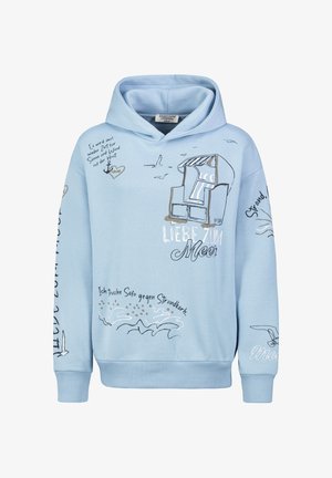 Lichtblauwe hoodie met een voorzak, voorzien van bedrukte strandthema-afbeeldingen en tekst in verschillende kleuren en stijlen. Zachte, comfortabele stof.