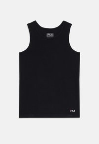 Canotta nera senza maniche in cotone. Caratterizzata da un collo rotondo e presenta un piccolo logo Fila in rosso e bianco in basso a destra.