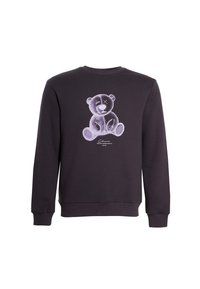 Felpa viola scuro con scollatura a girocollo. Presenta una grafica di un orso di peluche seduto in stile schizzi sulla parte posteriore. Polsini a coste.