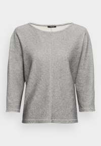 Harmaa ja valkoinen raidallinen pitkähihainen paita, jossa on rento malli, py�öreä kaula-aukko ja teksturoitu kangas. Sisältää keskisauman yksityiskohdan.