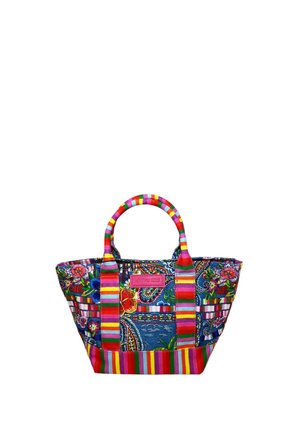Piccola borsa a mano con motivi floreali e paisley colorati, con manici e rifiniture a righe rosse, rosa, gialle e verdi.