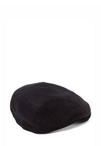 Black flat cap made of textured fabric, featuring a rounded crown and curved brim, with visible seams and a smooth finish.