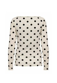 Bílá košile s dlouhým rukávem a rovnoměrně rozmístěnými černými puntíky, zobrazená zezadu.