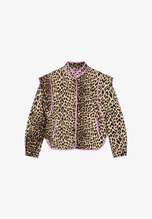 Leopard-print jacket with purple trim, featuring long sleeves, a collared neck, and button closure. Two front pockets are also visible.