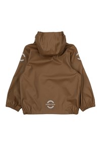 Giacca impermeabile marrone con cappuccio, dotata di polsini elasticizzati e loghi riflettenti sulle maniche e sul retro. Adatta per attività all'aperto.