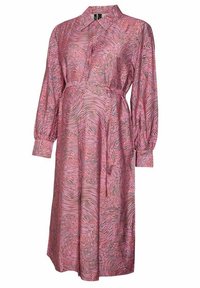 Abito rosa a maniche lunghe con motivo a vortice, dotato di colletto con bottoni, vita con cintura e vestibilità ampia con maniche arricciate. Tessuto dalla consistenza liscia.