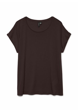 Mörkbrun kortärmad T-shirt med rund halsringning och mjukt tyg. Har en avslappnad passform och uppvikta ärmar för ökad komfort.