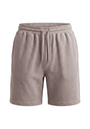 Shorts en maille couleur taupe avec taille élastique et cordons de serrage à l'avant, dotés de poches latérales et d'une coupe décontractée.