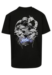 Black cotton t-shirt featuring a graphic print of two figures in gray with blue accents and lightning effects on the back.