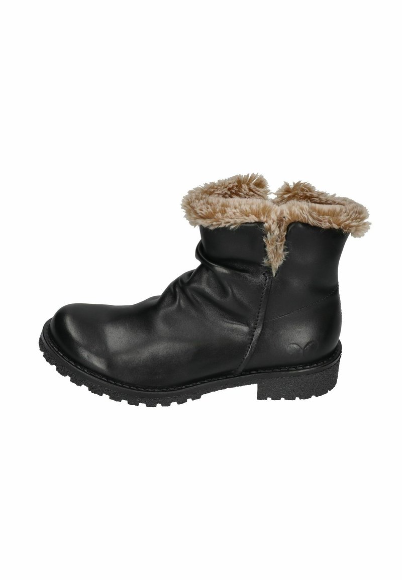 Schwarze Lederstiefelette mit dickem Gummisohle und umgeschlagenem, hellbraunem Kunstfellfutter am oberen Rand, Seitenansicht.