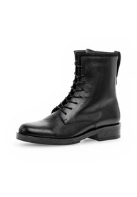 Black leather ankle boot with a rounded toe, lace-up front, and a low stacked heel. Smooth texture and minimalistic design.