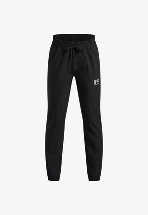 Black athletic pants with an elastic waistband, adjustable drawstring, and under-knee elastic cuffs. Features white logo on the lower left.