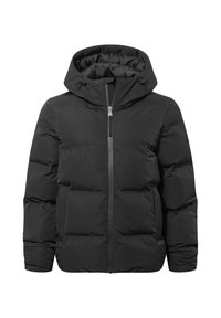 Black padded winter jacket with hood, front zipper, side pockets, and adjustable drawstrings on the hood.