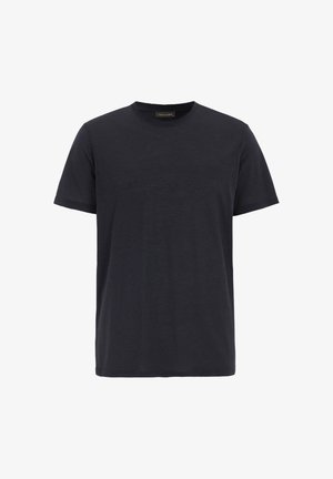 Marineblaue Baumwoll-T-Shirt mit Rundhalsausschnitt und kurzen Ärmeln. Glatte Textur, minimalistisches Design, keine sichtbaren Muster oder Akzente.