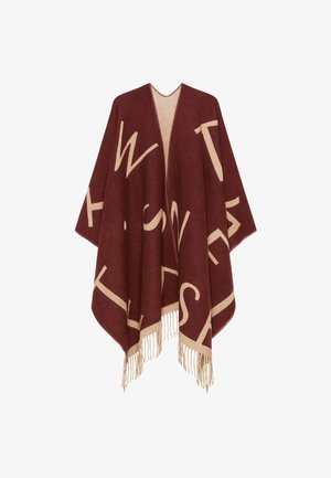 Burgundský pončo s krémovými písmenami, jemná textúra, otvorený dizajn a strapcový lem. Vyrobené z teplého materiálu, vhodné na vrstvenie.