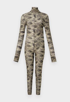 Langærmet, tætsiddende bodysuit i gennemsigtigt stof med et blomstermønster i beige og mørke nuancer, der har høj hals og lange ben.