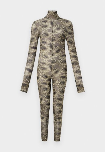 Body ajustado de manga larga en tejido transparente con un patrón floral en tonos beiges y oscuros, con cuello alto y piernas de largo completo.
