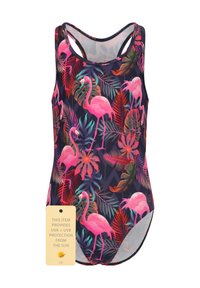 Maillot de bain à motif flamant rose bleu marine foncé, avec des flamants roses et des feuilles tropicales. Comprend une étiquette indiquant la protection UVA et UVB.
