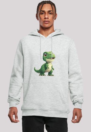 Grey sweatshirt with a front kangaroo pocket, featuring a cartoon dinosaur graphic in green and cream. Ribbed cuffs and hem.