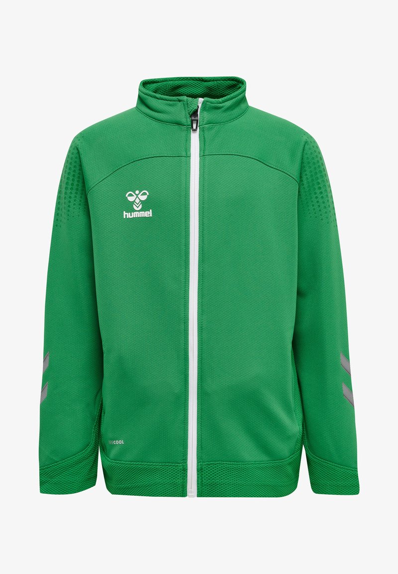 Grüne Sportjacke mit hohem Kragen, Frontreißverschluss und seitlichen Netzpaneelen. Enthält ein Logo und graue Akzente an den Ärmeln. Leichter Stoff.
