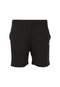 Shorts en coton noir avec taille élastique, poches latérales et petit logo blanc à l'avant. Design épuré et simple.