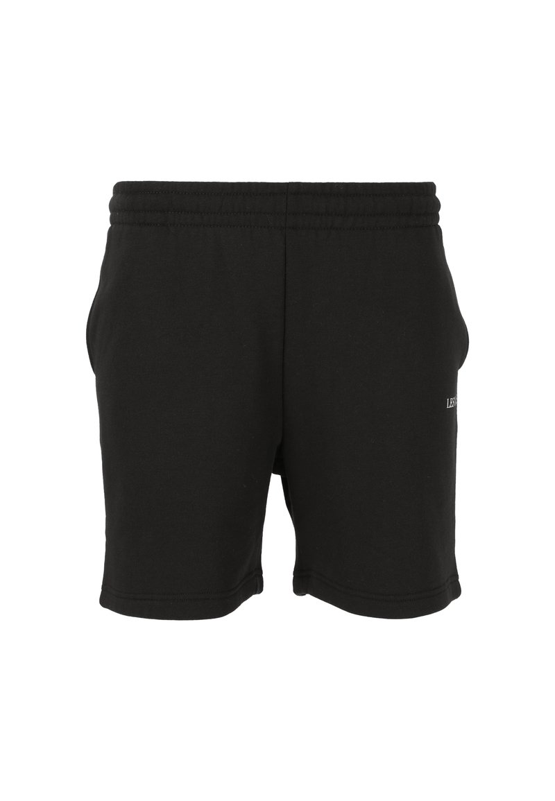 Shorts en coton noir avec taille élastique, poches latérales et petit logo blanc à l'avant. Design épuré et simple.