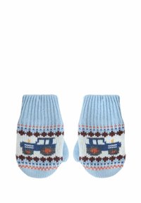 Szydełkowane rękawiczki w jasnoniebieskim kolorze z motywem traktora. Posiadają ściągacze i wielokolorowe wzory, odpowiednie dla dzieci.