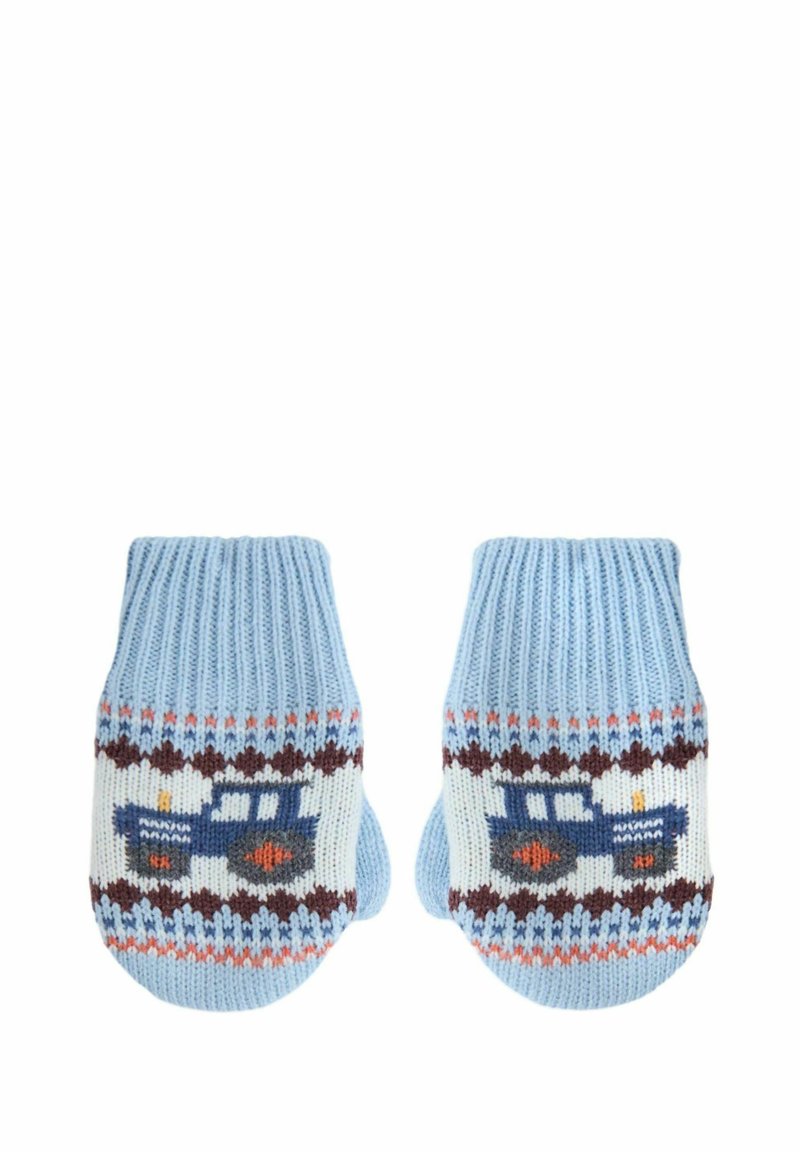 Szydełkowane rękawiczki w jasnoniebieskim kolorze z motywem traktora. Posiadają ściągacze i wielokolorowe wzory, odpowiednie dla dzieci.