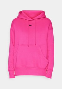 Felpa con cappuccio rosa realizzata in tessuto morbido, dotata di una tasca frontale, cordino e un piccolo logo Nike nero sul petto.