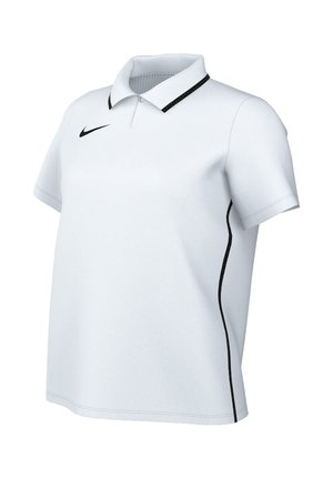 Witte Nike polo met korte mouwen, zwart swoosh-logo op de borst, zwarte bies aan de kraag en zwarte bies langs de zijkanten.